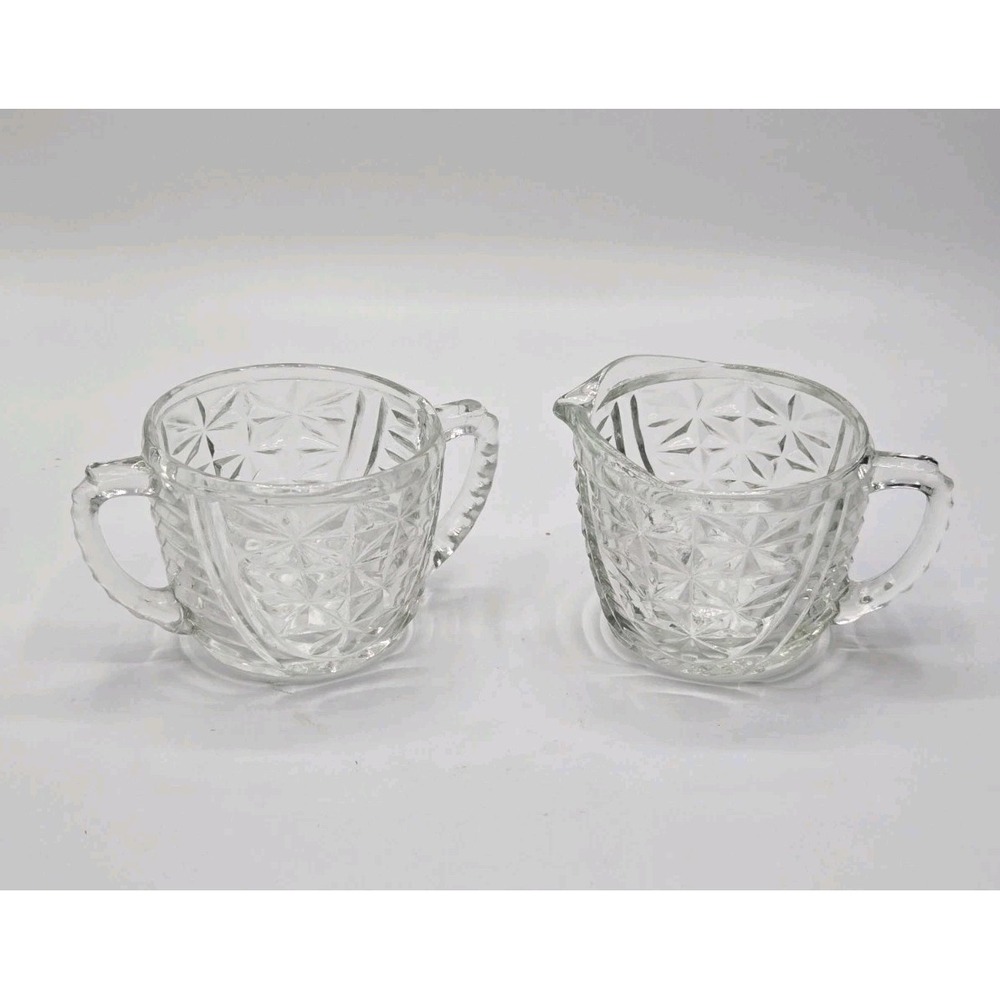 Vintage Anchor Hocking Clear Glass Stars & Bars Creamer & Sugar Bowl Set EUC